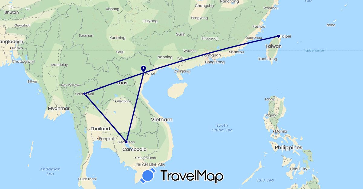 TravelMap itinerary: driving in Cambodia, Thailand, Taiwan, Vietnam (Asia)